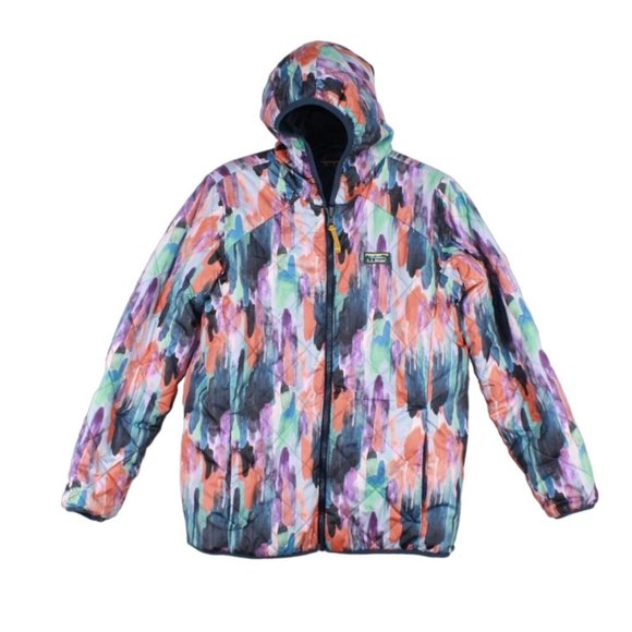 LL Bean Kids' Mountain Bound Blue Pink Paintbrush Camo Reversible Jacket L14-16